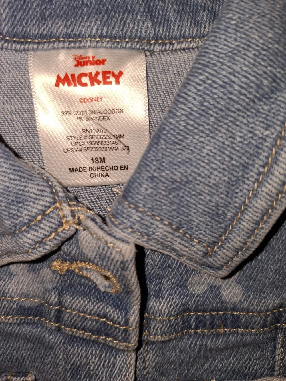 Disney Junior Mickey Mouse Funhouse Denim Jacket Blue Button Pockets 18-24M